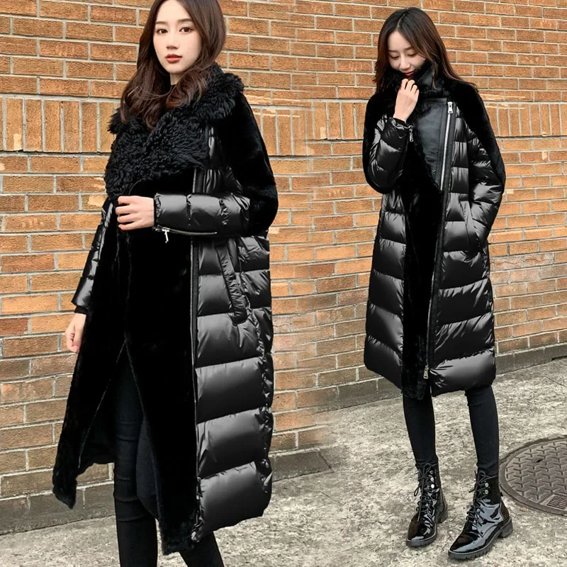 High-end verdicken lange Parkas Frauen schwarz glänzend Patchwork Lammhaar weiße Entendaunenmantel Silber Winter warme Damen Outwear