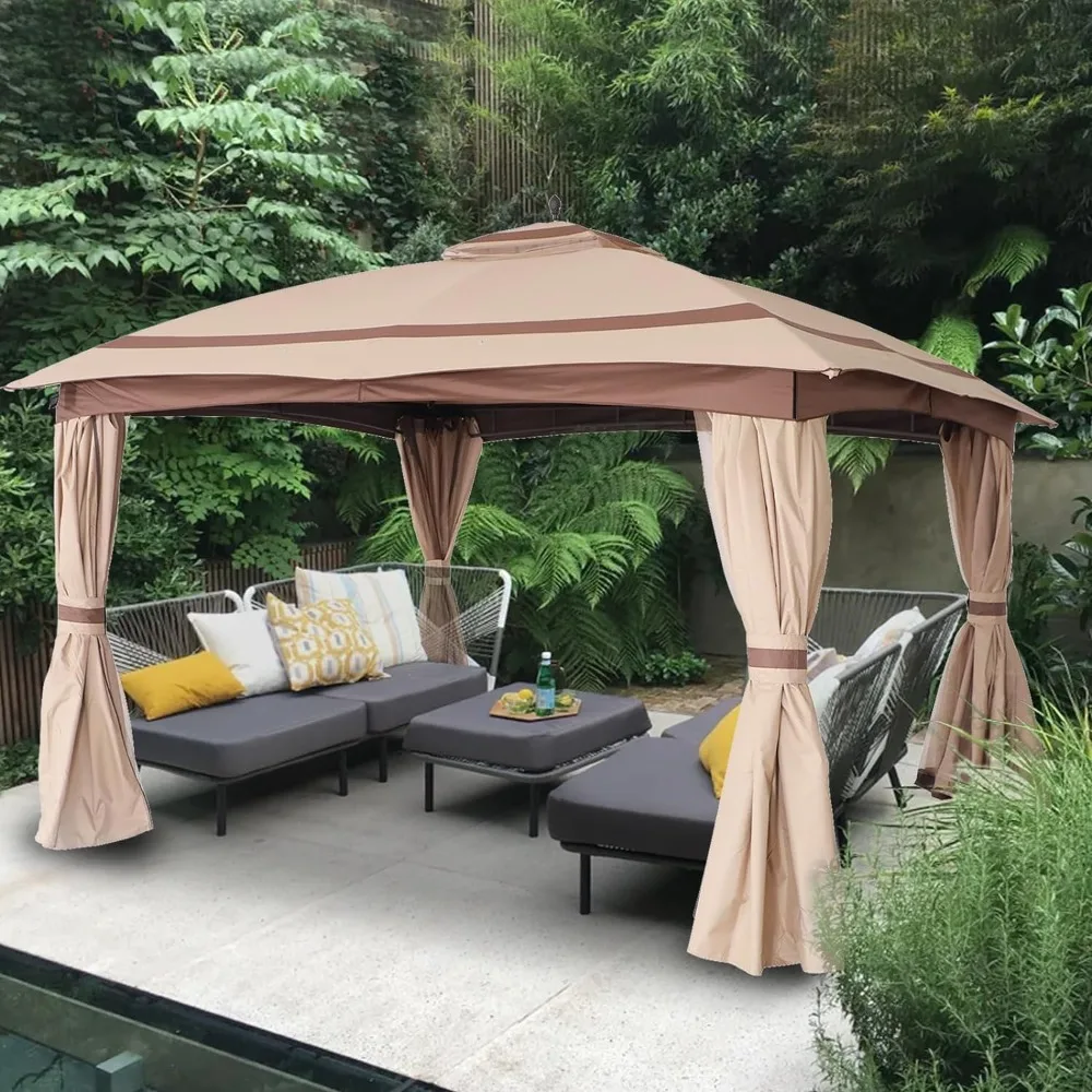 2024 New 11x13 Gazebo for Patio,  with Curtains & Netting & Sandbags, Double Tier Roof Round Leg