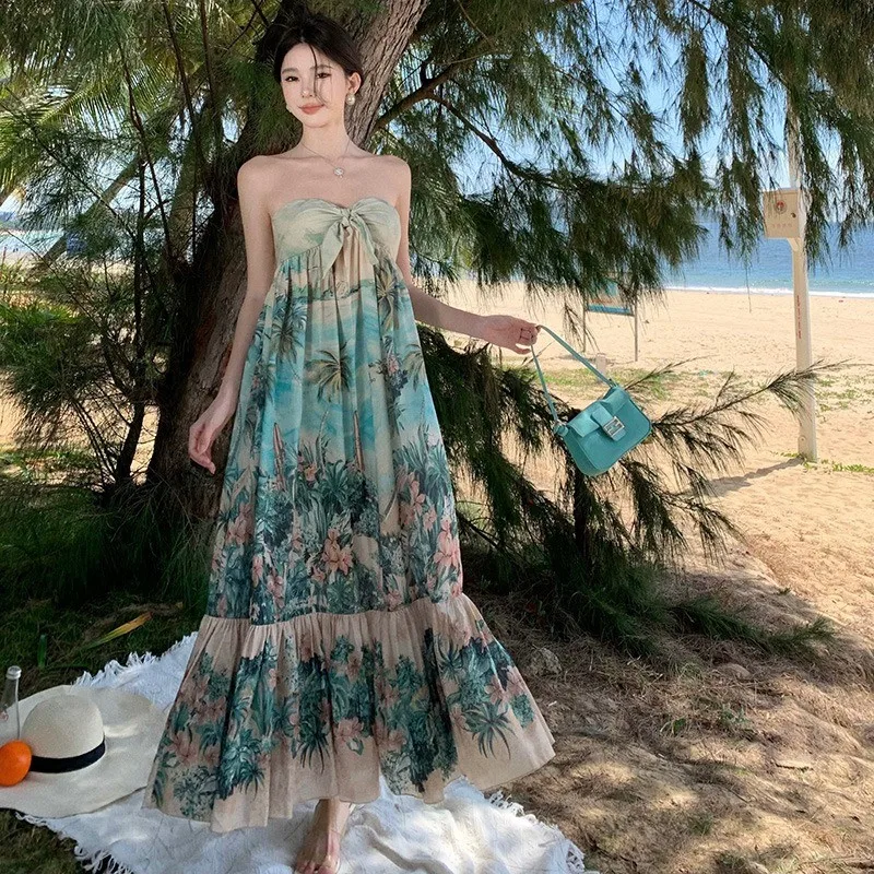 Seaside Holiday off-Shoulder Tube Top Floral Dress Special-Interest Design Temperament Skirt