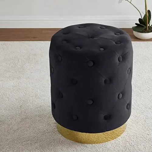 

Beverly Modern Contemporary Round Tufted Upholstered Velvet Ottoman with Gold Metal Base - Black