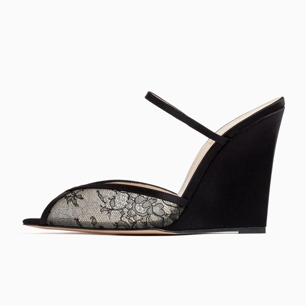 Arden Furtado Summer black lace Wedge Slippers Peep toe shoe Pointed toe Pull-on High-heeled Word slippers Extra large size
