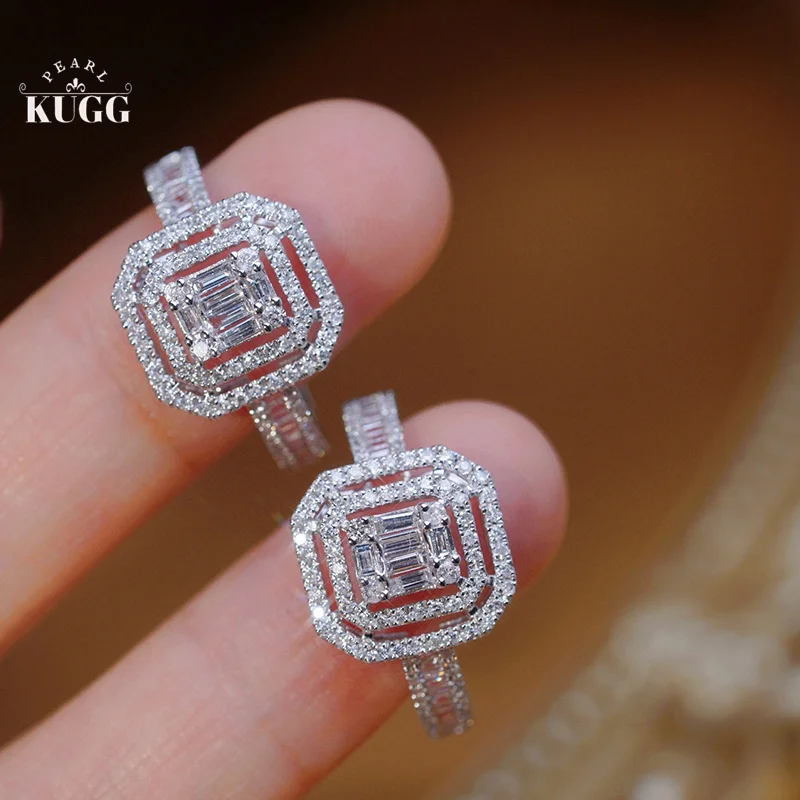 KUGG 100% 18K White Gold Rings Luxury Square Design 0.60carat Real Natural Diamond Engagement Ring for Women High Party Jewelry