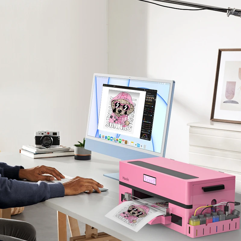 New Automatic Pink A3 DTF Printer XP600 Printheads Heat Transfer Fabric Printing Machine Women's Shirt 1-Year Warranty