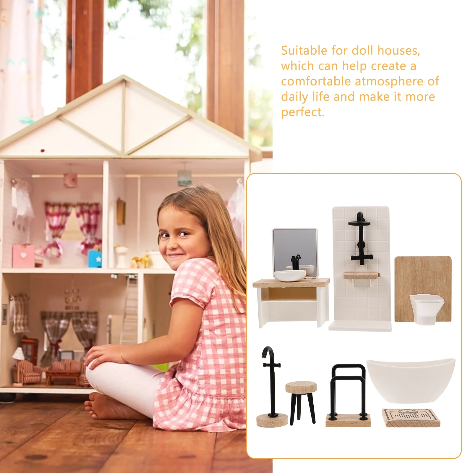 8pcs Simulated Miniature Furniture 1:12 Dollhouse Bathroom Set Realistic Decor Shower Model Toy Small Bath Tub Accessories