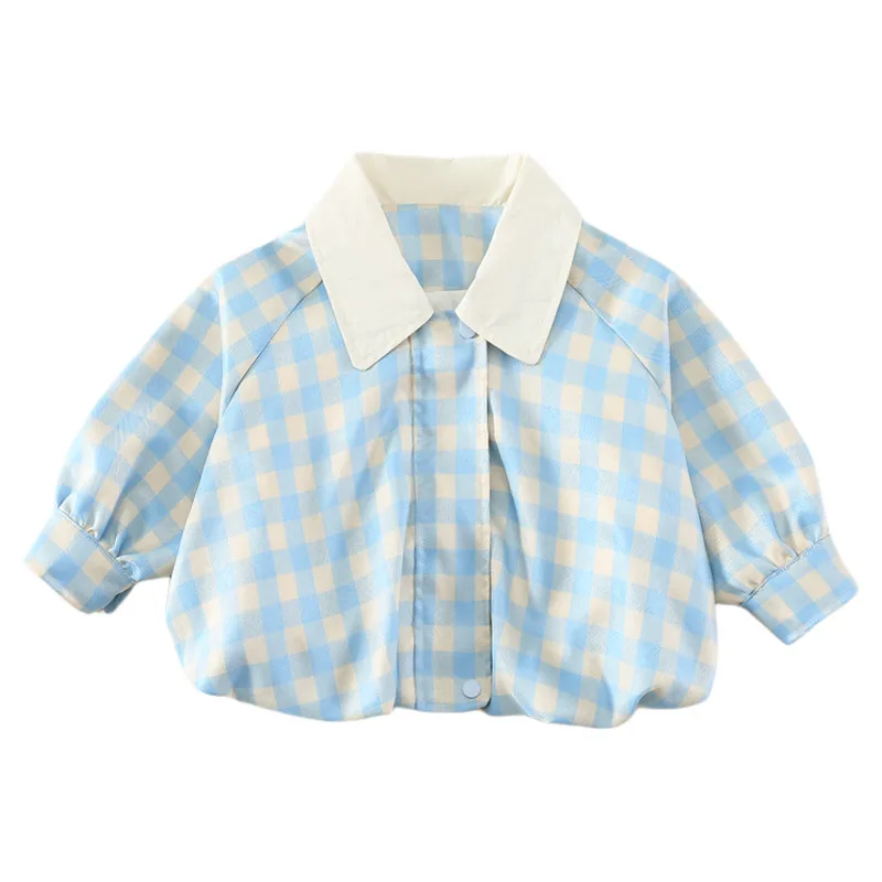 Girls Short Jacket Blue Plaid Autumn Lapel Collar Children Coat Zip Up Casual