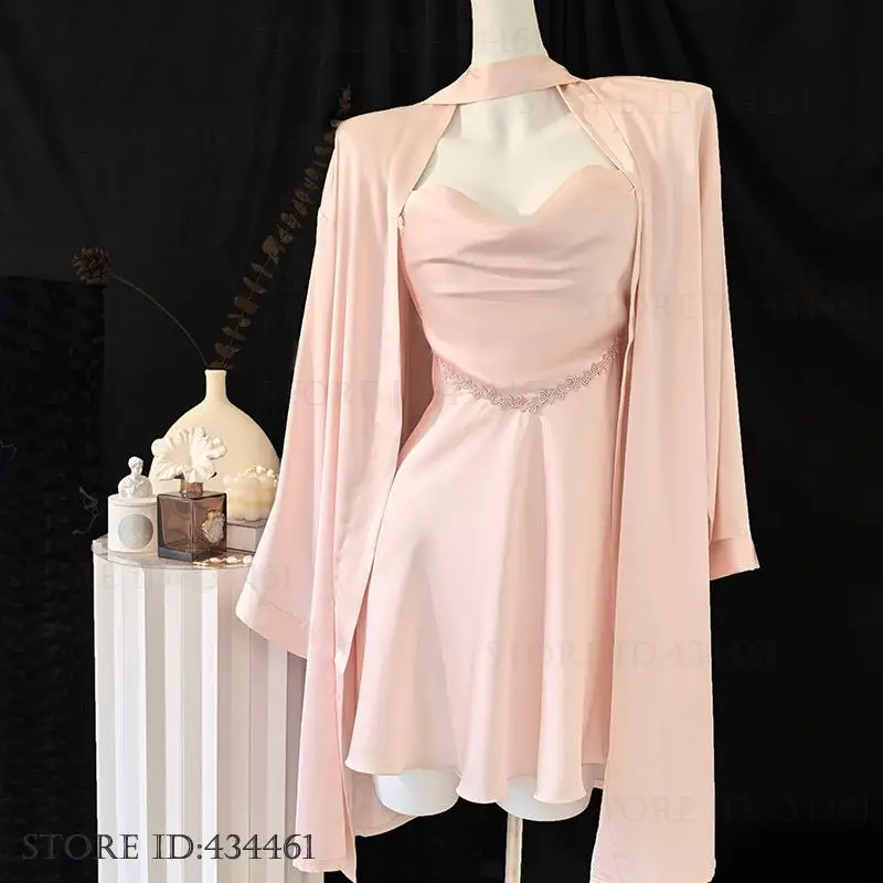 

Female Pink Twinset Robe Set Ice Silk Suspender Nightgown Intimate Lingerie Spring Summer New Sleepwear Home Dress Lounge Wear