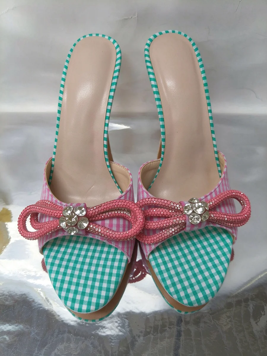 Women Pink Green Gingham Stiletto Mules Rhinestone Bow Open Toe Slide Sandals Summer Party High Heel Slippers