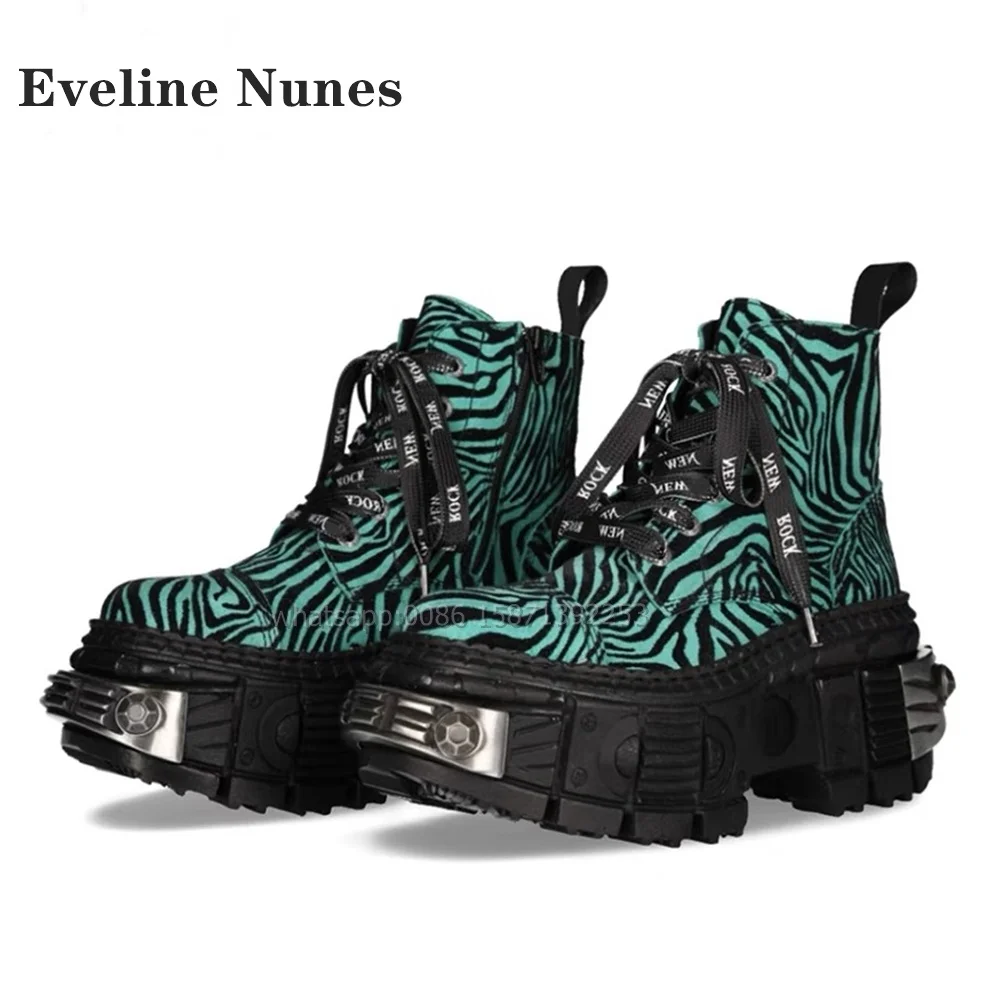 Leopard Metal Decoration Women Boots Round Toe Lace Up Tank Soled Booty Mixed Colors Rubber Retro Punk Large size Shoes Spring