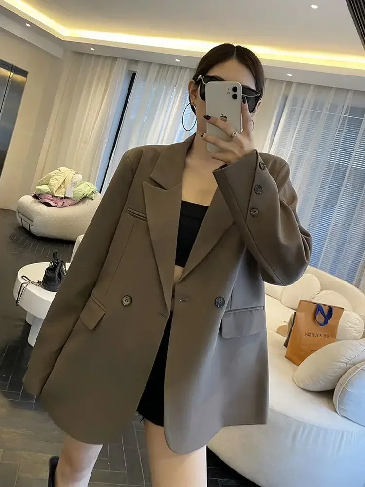 

Элегантный женский пиджак в корейском стиле, однотонный женский повседневный пиджак в стиле Харадзюку, универсальная свободная осенняя одежда для офиса, Новое поступление
