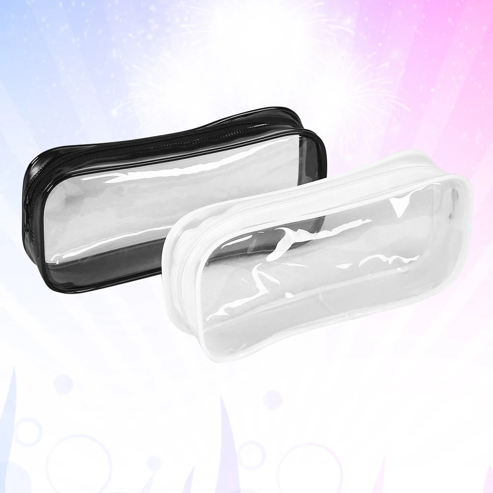 2 Pcs PVC Pencil Pouches Transparent Fashion Pencil Cases Student Stationery Storage Bags (White + Black)