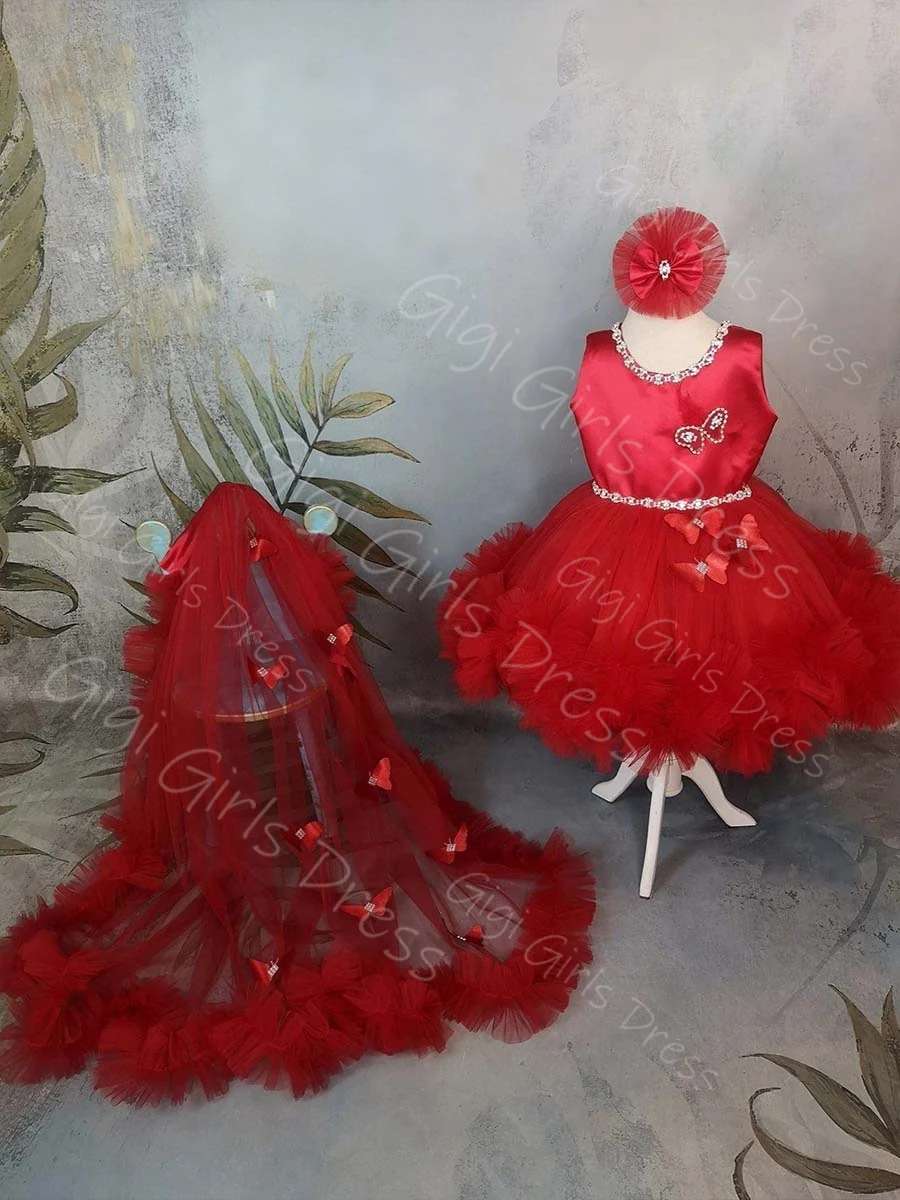 Red Satin Tulle Flower Girl Dress with Rhinestones/ Bow 3D Butterfly Train Birthday Dress 2-14 Kids Custom Wedding Party Gown