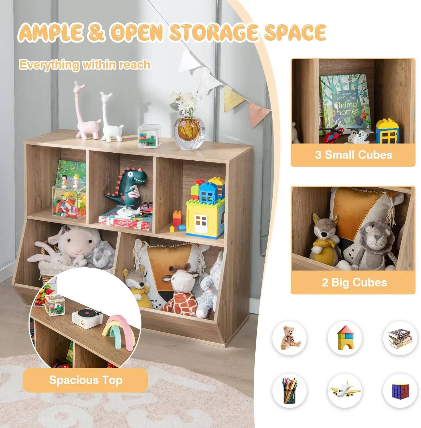 Toy Storage Organizer With Bookcase, 5-Cubby Children Bookshelf Toy Storage Cabinet, Open Kids Toy Storage Shelf Book Display