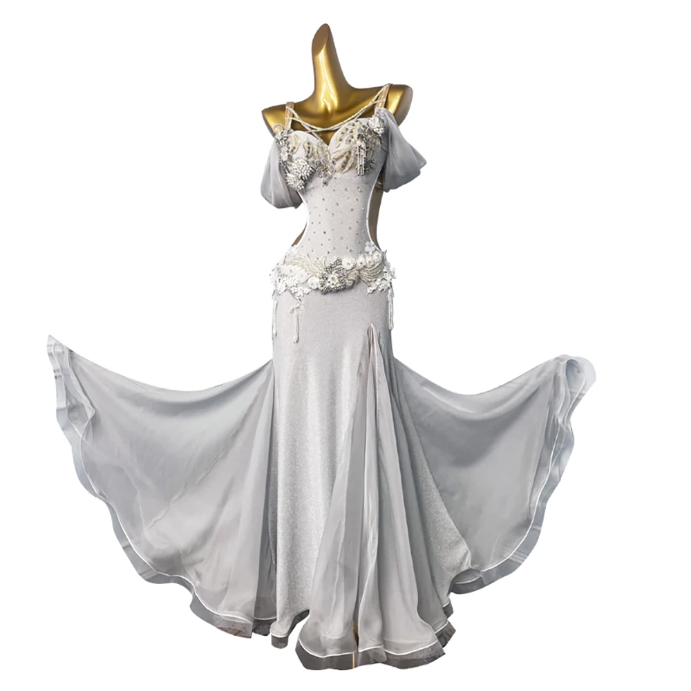 فستان للرقص الشرقي للبالغين والأطفال، ملابس احترافية للسيدات باللون الفضي والأبيض المجوف من تشا تشا سامبا