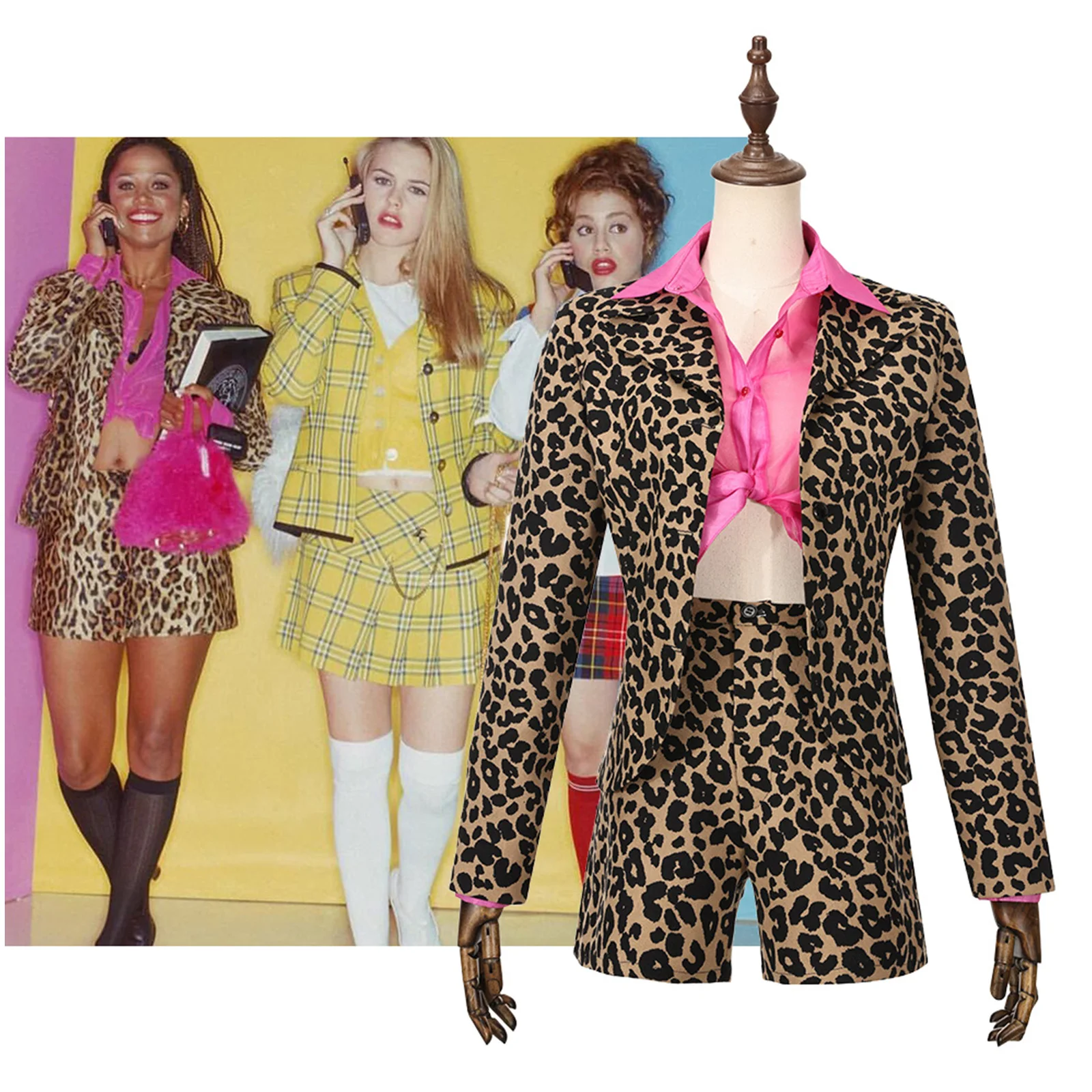 Clueless Dion Disfraz de cosplay Camisa rosa Abrigo con estampado de leopardo Pantalón para mujer Fiesta de Halloween