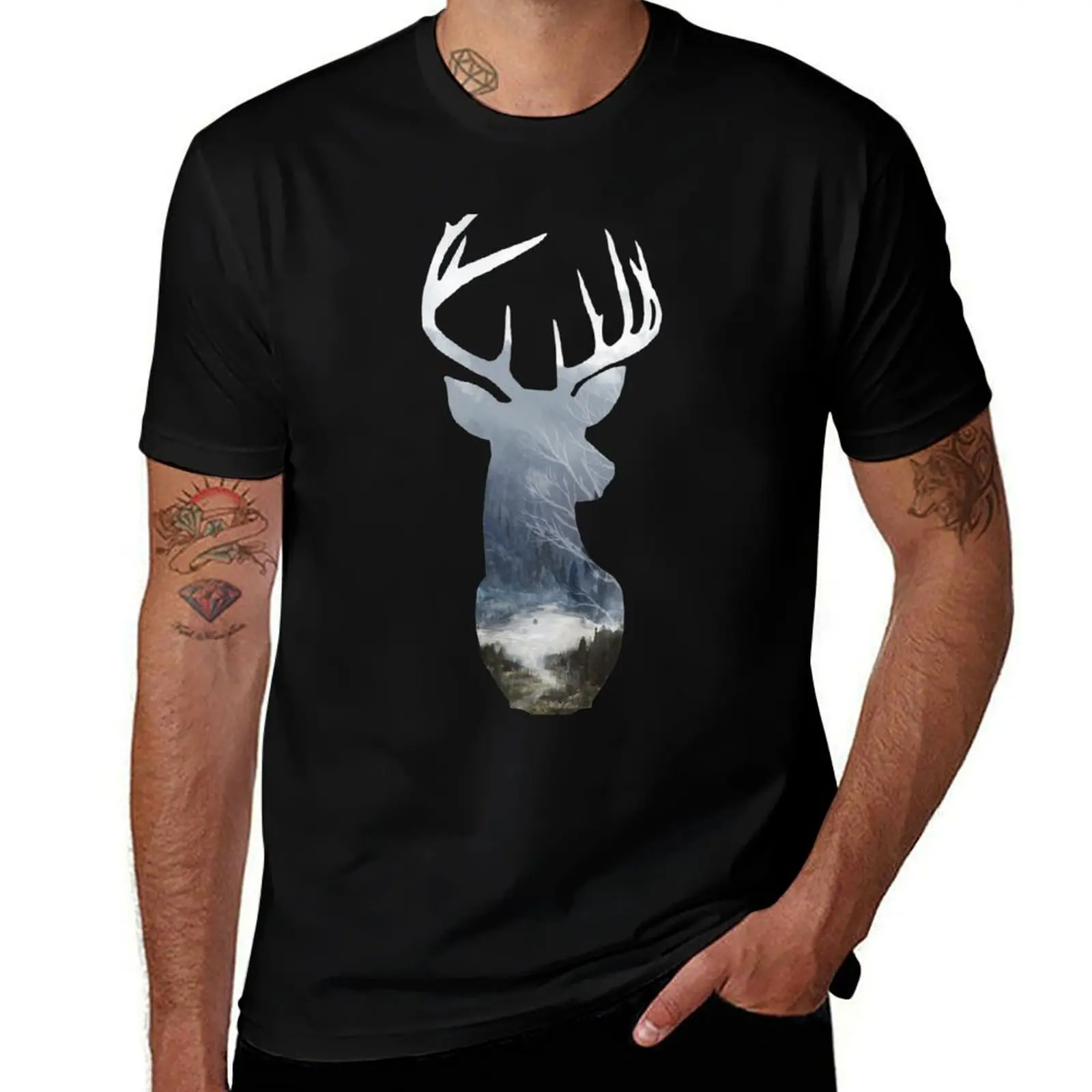 Deer Silhouette in Misty Forest Wild River Scene T-Shirt Utility Casual Work T-Shirt