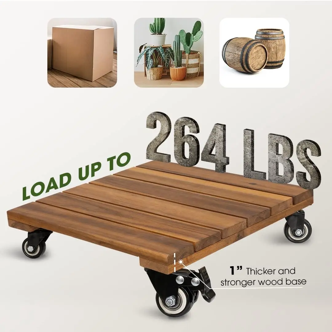 12 Inch Acacia Hardwood Plant Dolly, Plant Stand with 360° Lockable Wheels for Plant Pots