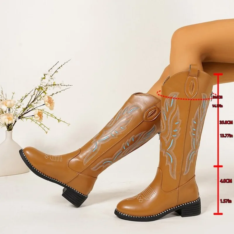 

Autumn Embroidered Western Cowboy Boots New Square Heels Pointed Shoes Casual Fashion Long Boots Comfortable Waterproof Shoes 42