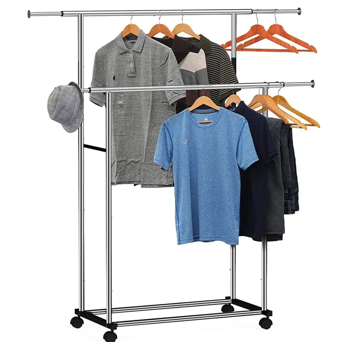 Double Bar Heavy Duty Commercial Garment Rack Rolling Collapsible Clothing Shelf