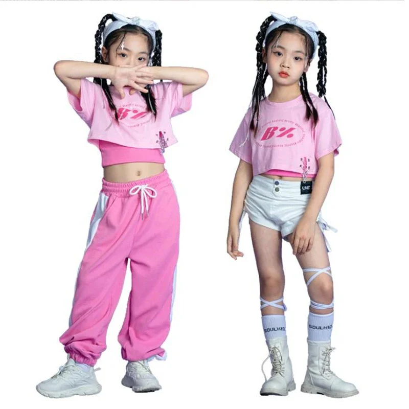 Pink Baggy Jogger Pants Girls Carnival Jazz Dance Costume Clothes Set Kids Hip Hop Clothing Crop Top Tank T Shirt Streetwear