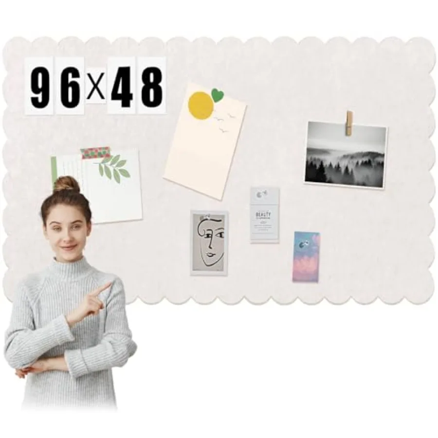 

Фетровая доска для заметок с фестончатым краем, 96 x 48 дюймов, складная, бежевая, альтернатива пробковой доске для стен, 8' x 4', трехсекционная, для фотографий