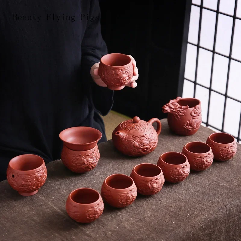 10pcs/set High end retro relief purple clay kung fu tea set, home living room, original mineral red clay tea cup, tea pot