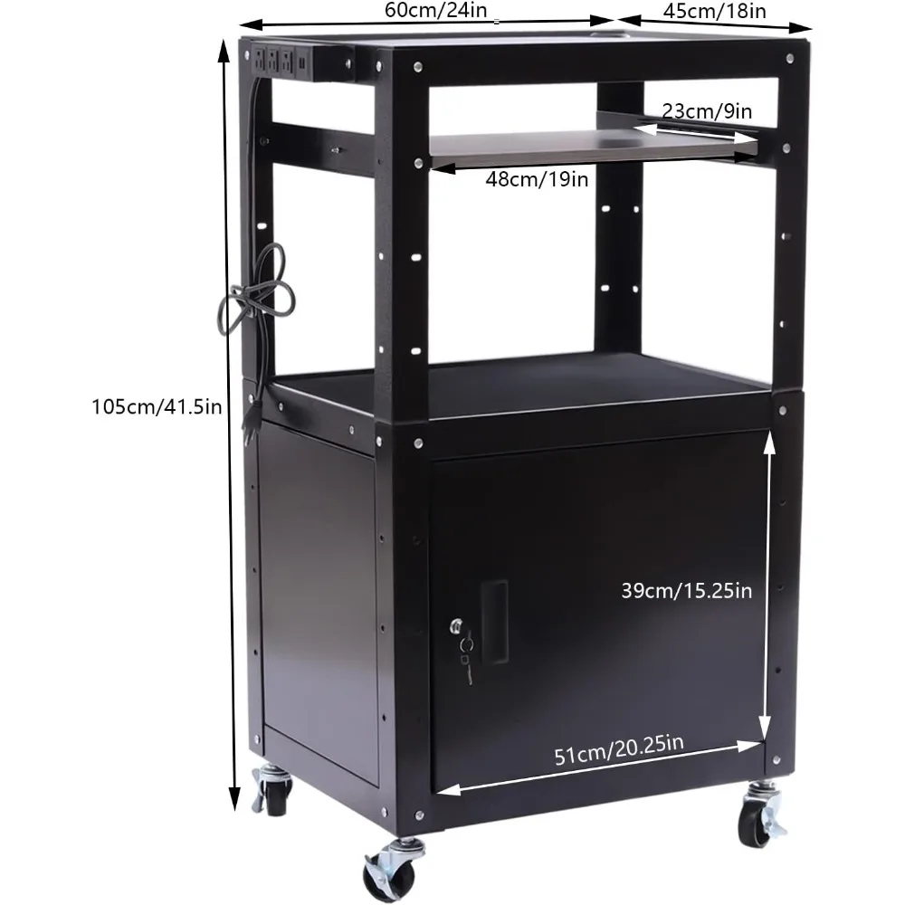 Black Steel Large AV Cart Carbon Steel Adjustable Height Cart with Locking Cabinet with Extra Storage & Pullout Tray Power Strip