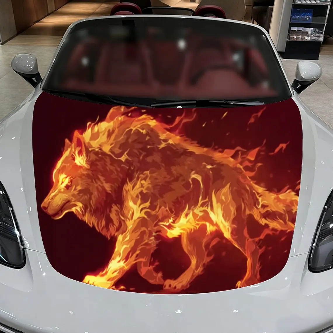 ملصق تغليف غطاء محرك السيارة Blazing Flame Wolf Soul، مادة PVC، طلاء ذاتي اللصق مقاوم للماء، طلاء مضاد للانزلاق، ديكور خارجي للسيارة