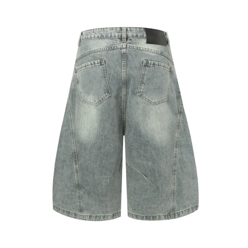 Celana Pendek Denim Harem Pisau Melengkung Dekonstruktif Celana Pendek Jeans Cuci Antik Biru Robek Celana Pendek Jeans Crop Kaki Lebar Longgar Hip Hop