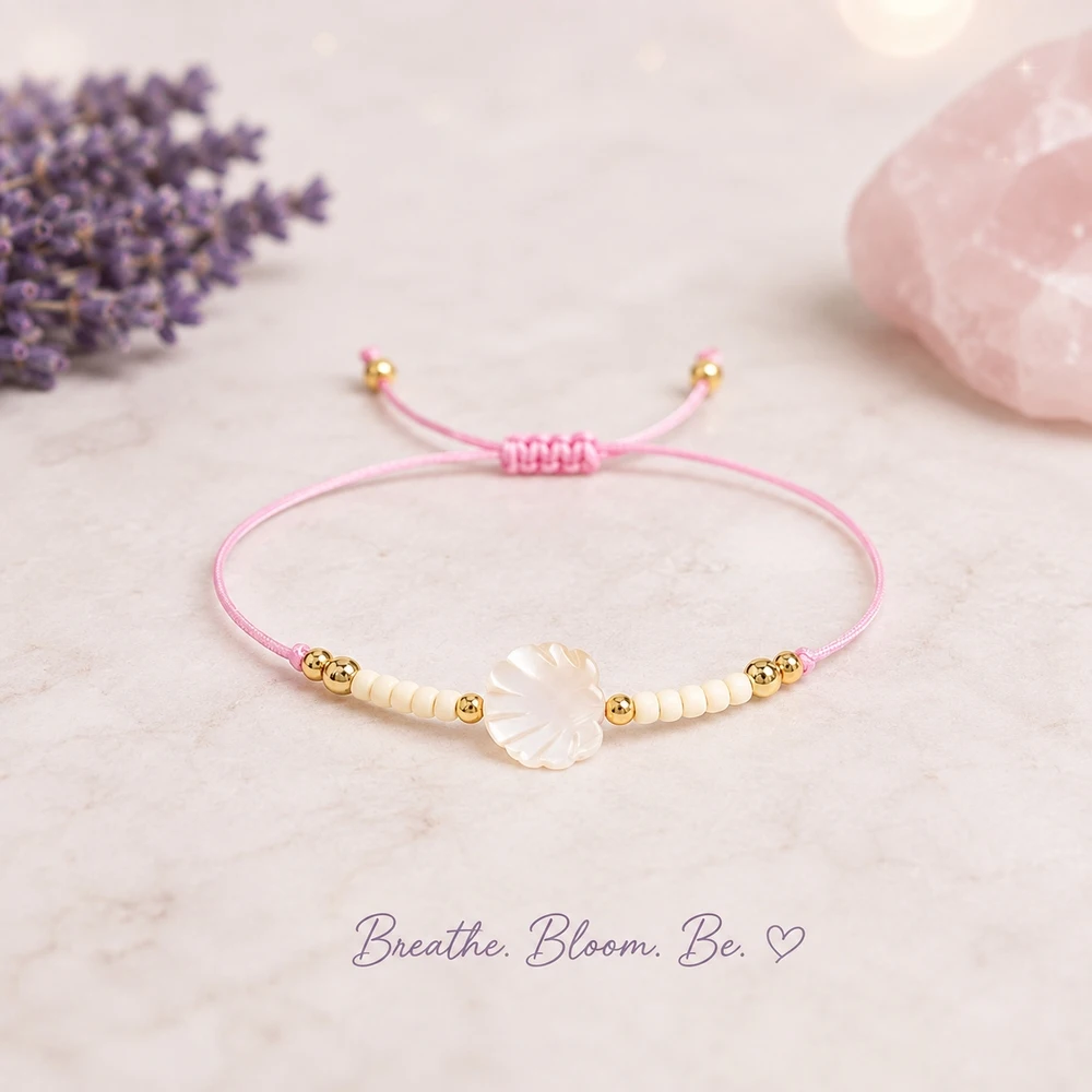 1pc Shell Flower Beaded Strand Bracelet Pink Adjustable Lace-Up Cord with Copper Beads Cute Style for Women Jewelry