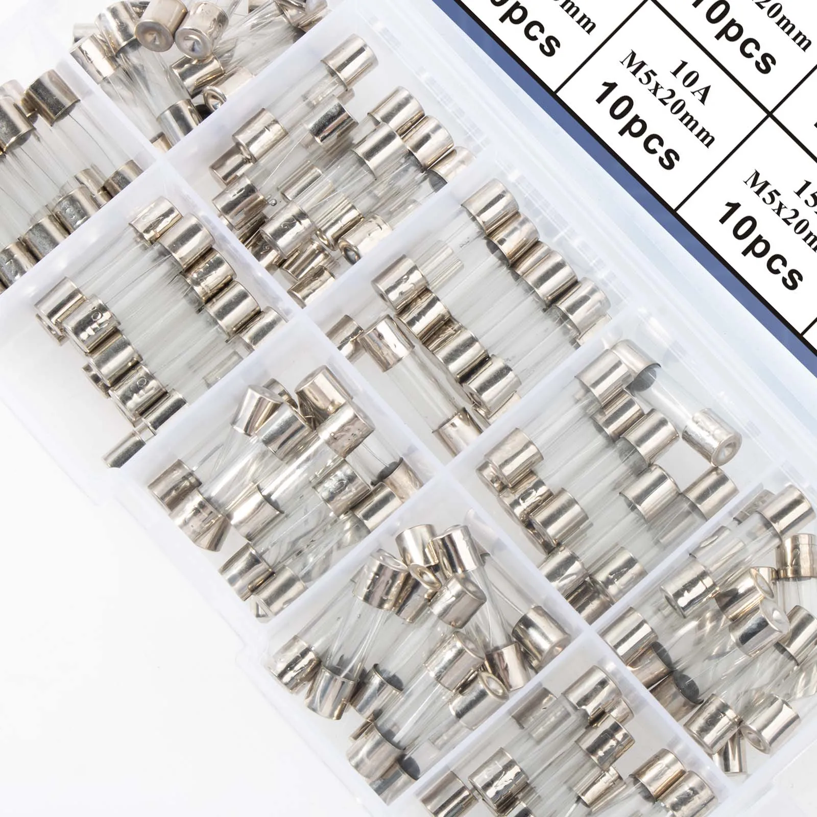100 قطعة مجموعة متنوعة من الصمامات الزجاجية ذات النفخ السريع 10 قيم m5x20mm 0.2-20A