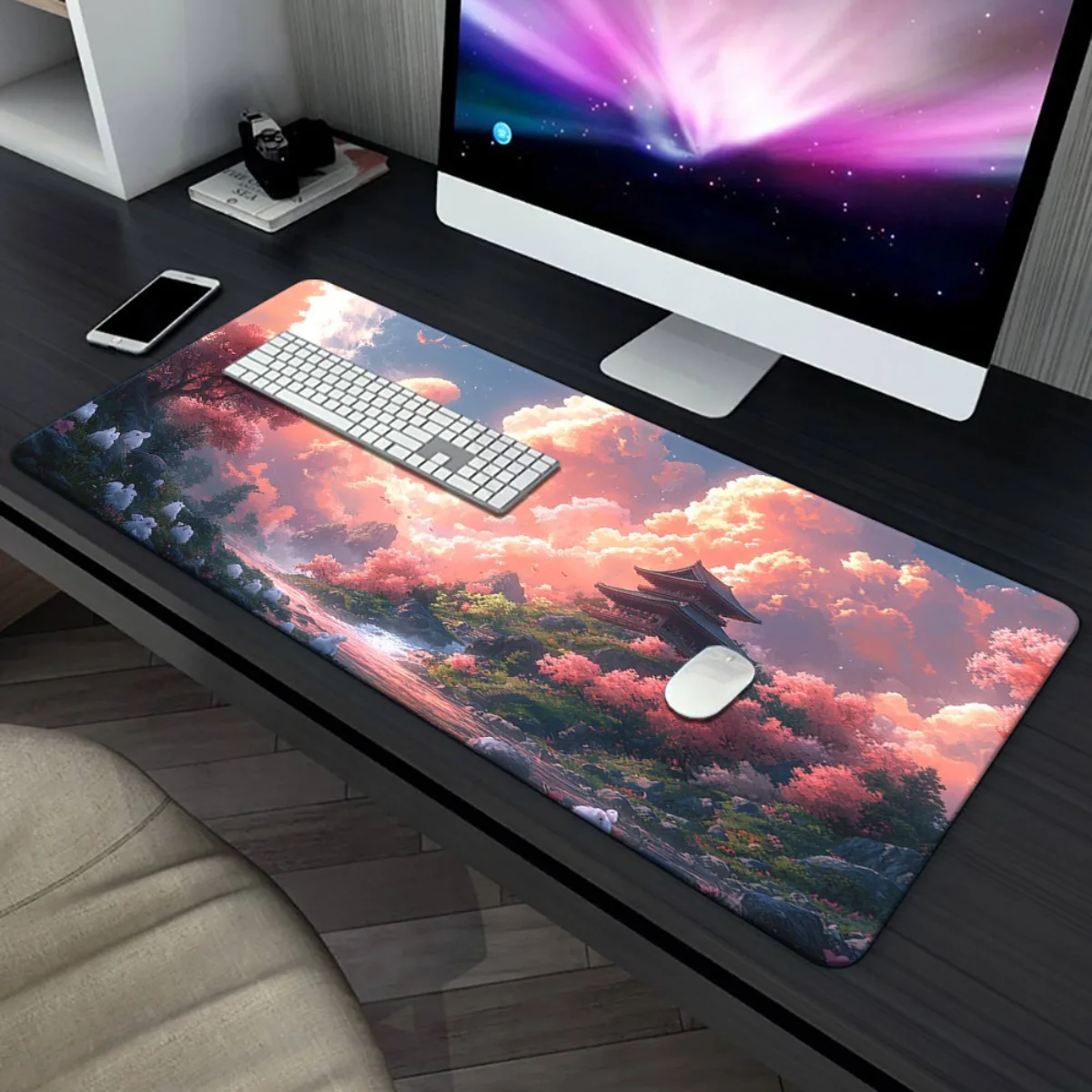 1 pezzo di paesaggio con nuvole rosa e montagne Tappetino stampato HD per scrivania, tappetino per mouse XXL multifunzionale, tappetini per mouse da gioco con tastiera,