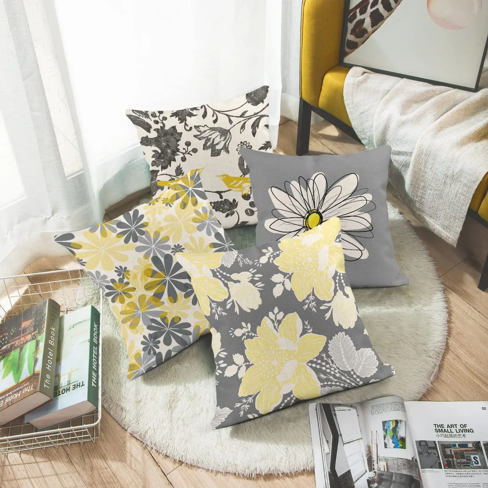 Gray white yellow chrysanthemum flower and bird linen pillowcase sofa cushion cover home decoration can be customized for you