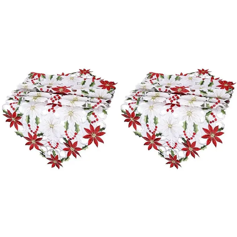 【24H SALE】2X Christmas Table Runner, Poinsettia Holly Leaf Embroidered Table Linens For Christmas Decorations 15 X 53 Inch