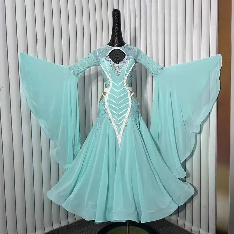 Turquoise Modern Ballroom Dance Gown with Sparkly Rhinestone Details and Flowing Chiffon Skirt for Performance