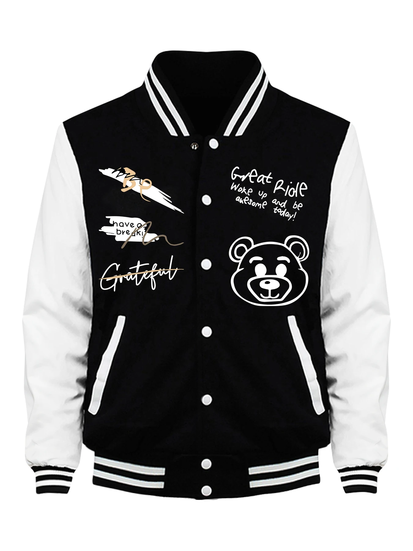 

Woke Up And Be Aresome Today Pattern Male Baseball Jacket Harajuku Fleece Coat Sport Casual Clothing Button Loose Tops Men