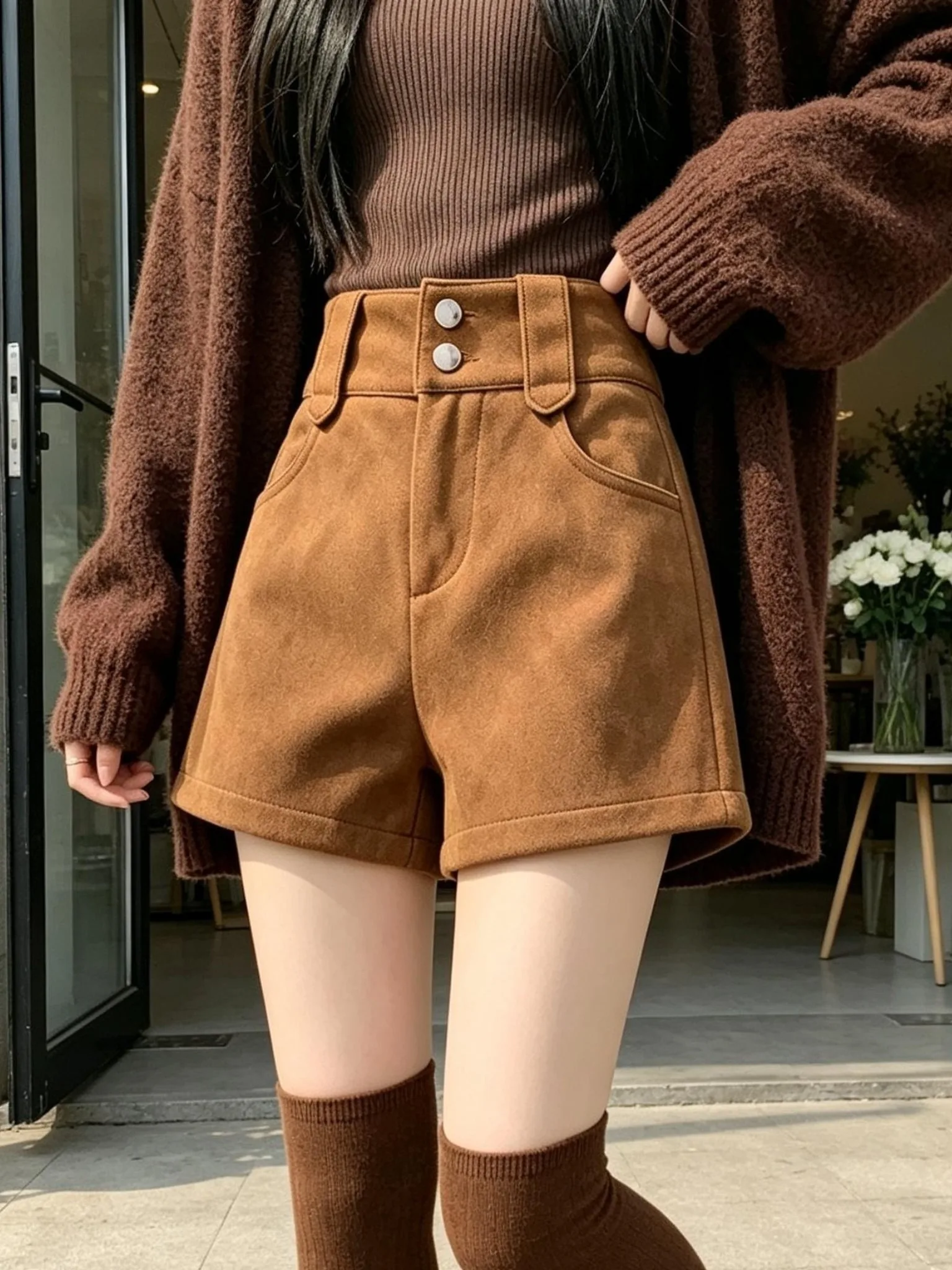 High Waist Corduroy Casual Shorts Women's Miniature Hot Girl Autumn Loose Wide Leg Straight Tube Boots Pants A-Line Skinnies
