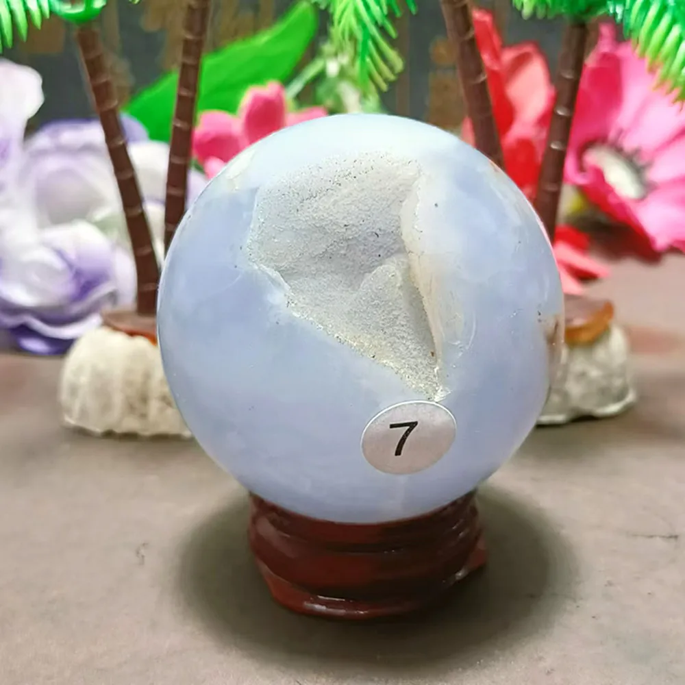 Natural Energy Blue Chalcedony Aura Ball, Quartz Crystal Arrangement Ball, Carved Pyramid, Christmas Gift