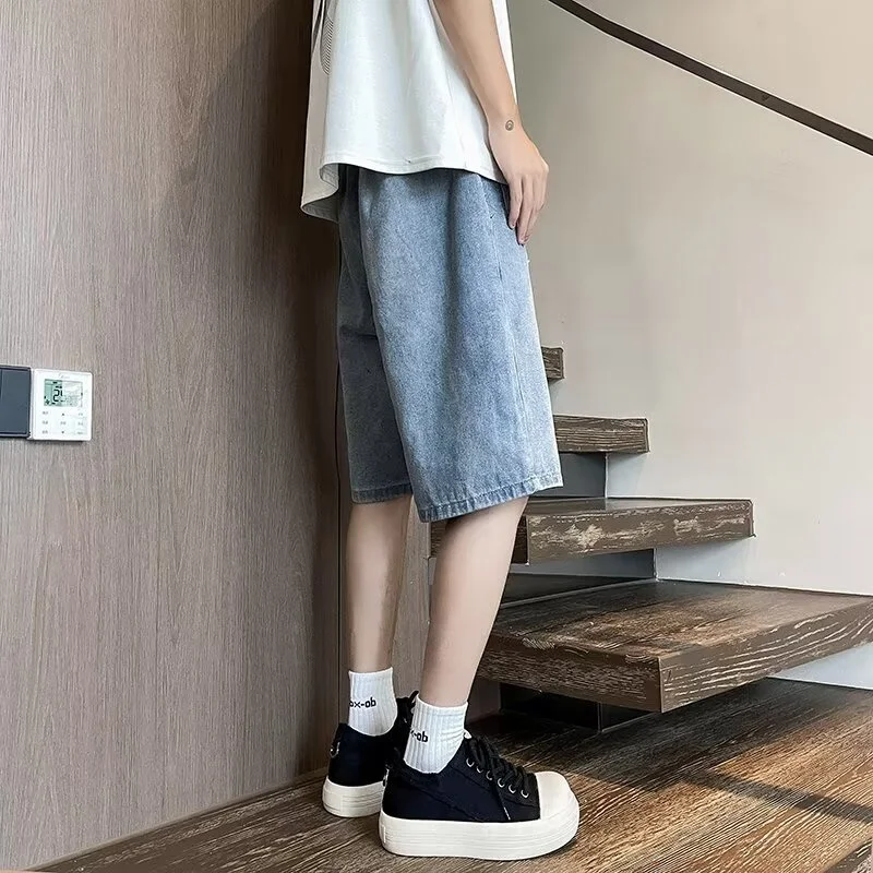 Summer Baggy Stretchy Denim Shorts Jeans For Men Y2K Streetwear Ripped Cargo Casual Shorts Pants Jean Retro Blue Bermuda