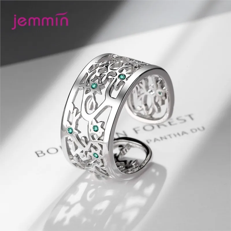 

Полое кольцо из стерлингового серебра 925 пробы для женщин, открытое регулируемое кольцо на палец, сверкающий зеленый кристалл, модные ювелирные изделия, подарок