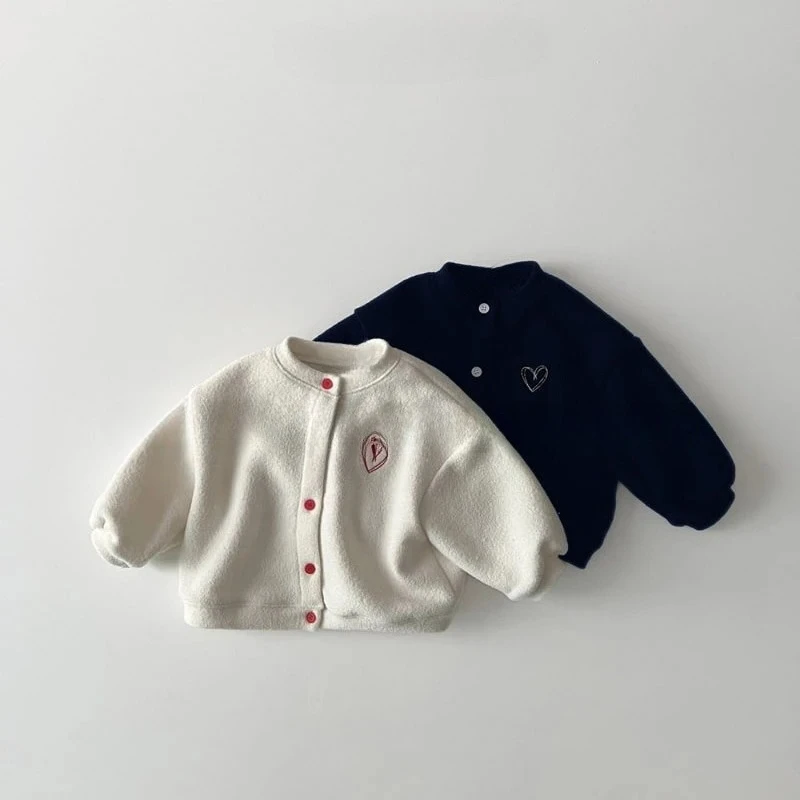 Coat Polar Fleece Autumn and Winter New Color Blocking Button with Heart-shaped Embroidery Design and Fleece