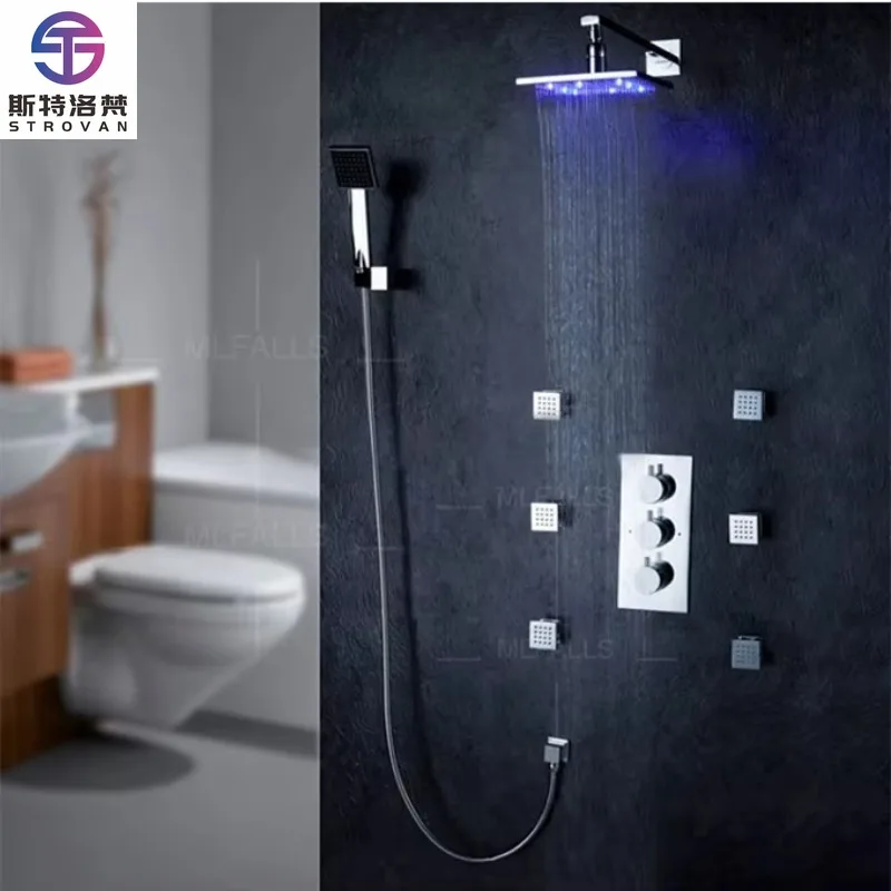 حمام ترموستاتي 8 بوصة LED دش المطر صنبور تدليك الطائرات البخاخ دش اليد #1