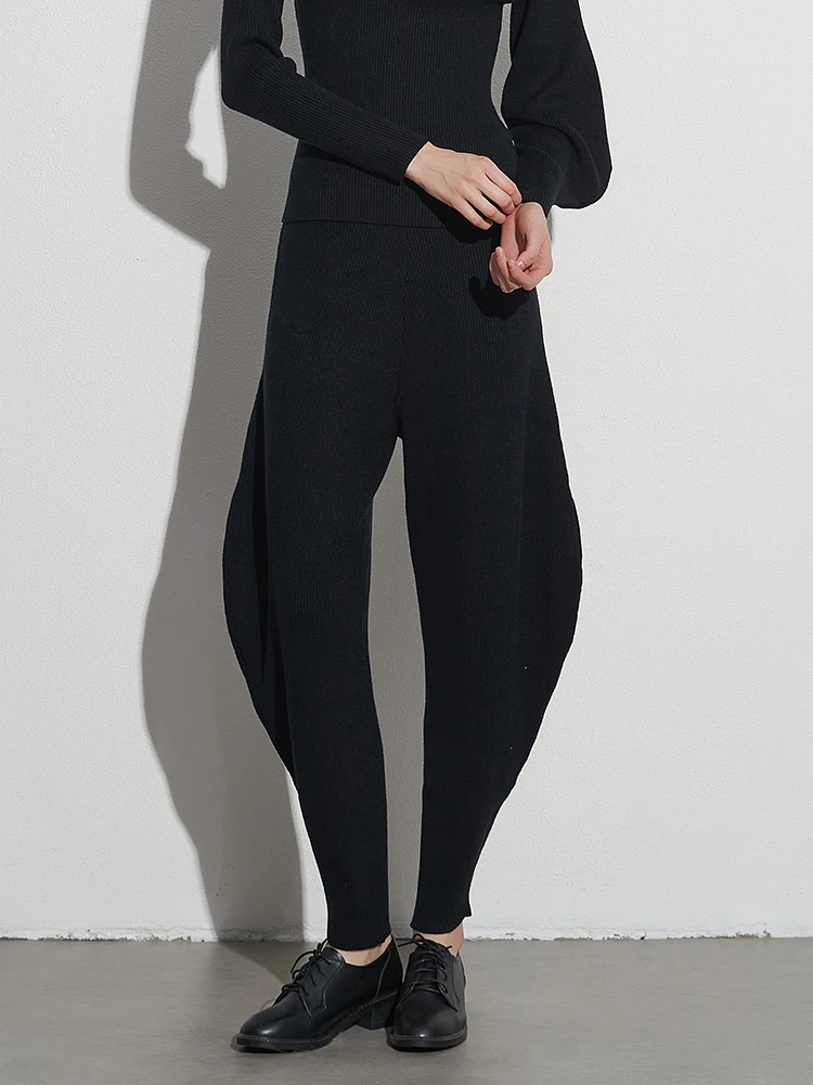 TWOTWINSTYLE Solid Minimalist Temperament Loose Pants For Women High Waist Knitting Irregular Bloomers Pant Female Fashion 2023