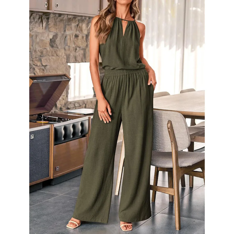 Damen Neues Neckholder-Top Ärmellos mit Hochgeschnittener Weiter Hose Zweiteiliges Set Vielseitiger Pendler-Stil Elegantes Designer-Outfit