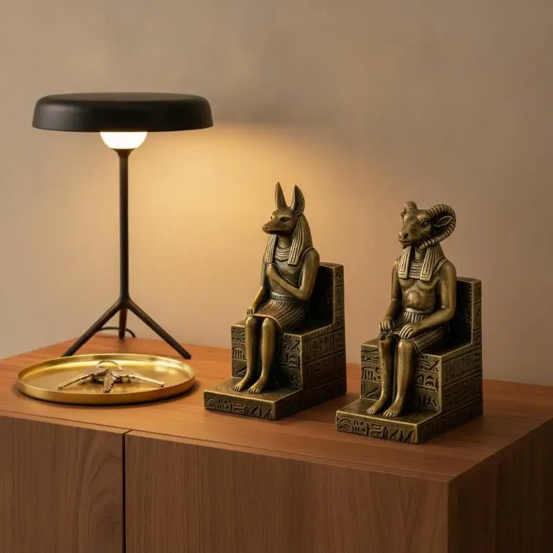 Vintage Egyptian Anubis Ram Khnum Resin Figurine Set Decorative Collectible Statues Hand Finished for Home Desktop Bedroom Holi