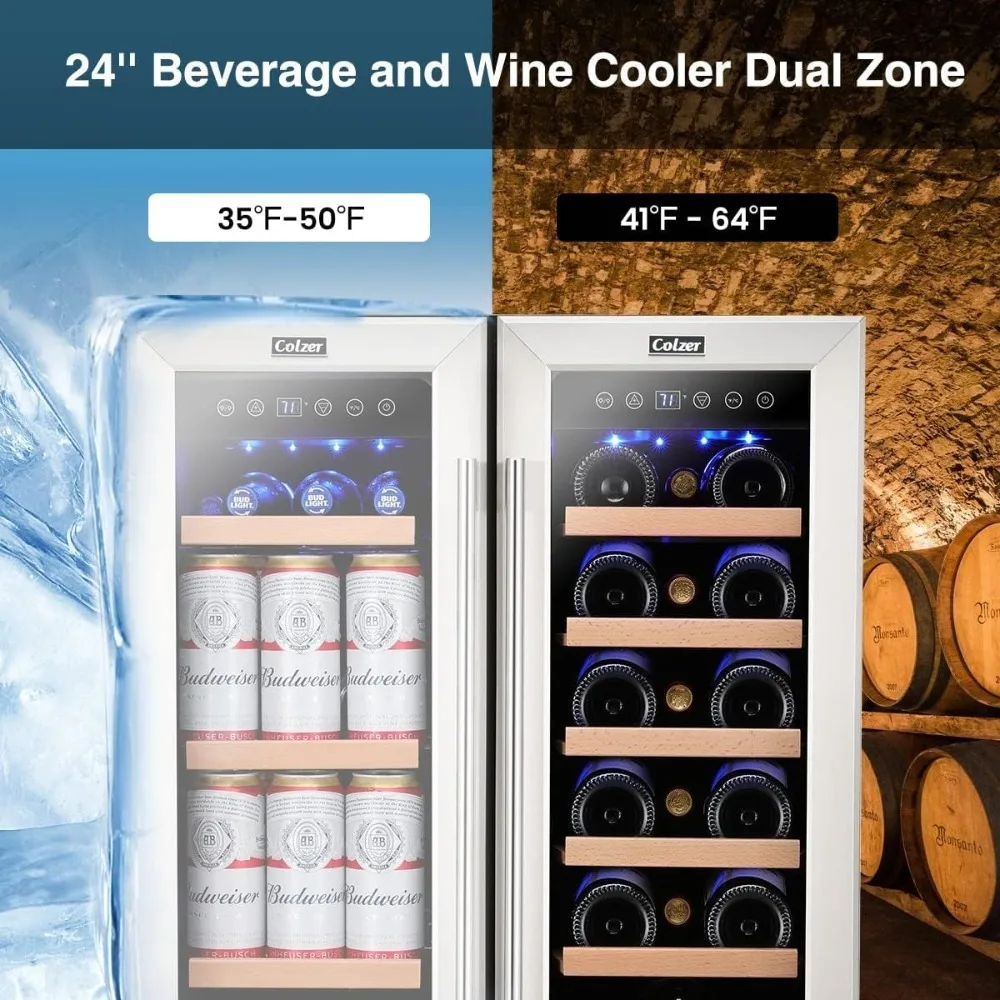 Wine and Beverage Refrigerator 24 inch, Dual Zone Wine Cooler Under Counter Lockable 18 Bottles and 57 Cans Fridge Built