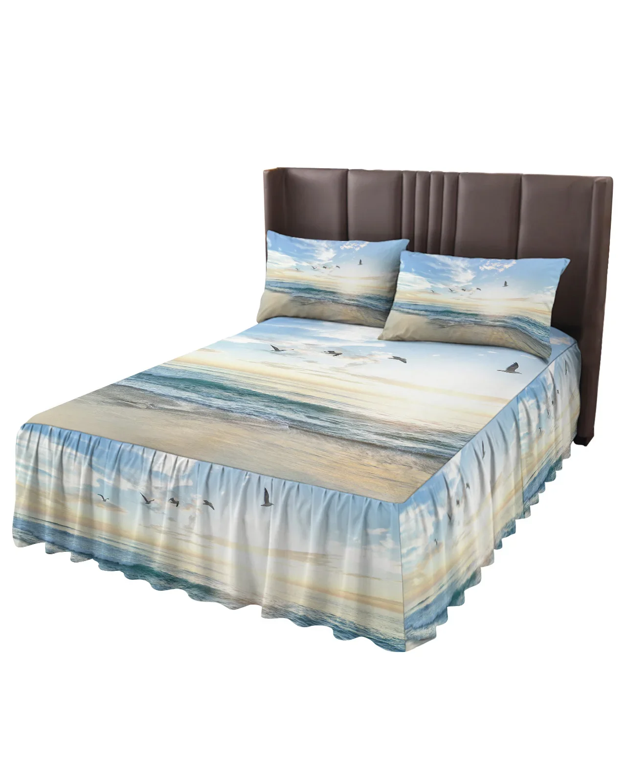 Sunset Sea Scenery Painting Bed Skirt Elastic Fitted Bedspread With Pillowcases Mattress Cover Bedding Set Bed Sheet