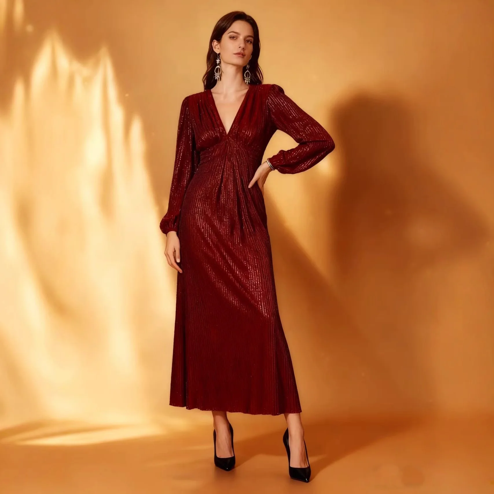 2025 invierno nueva exportación Rhinestone elegante cuello en V gran banquete vestido largo de noche