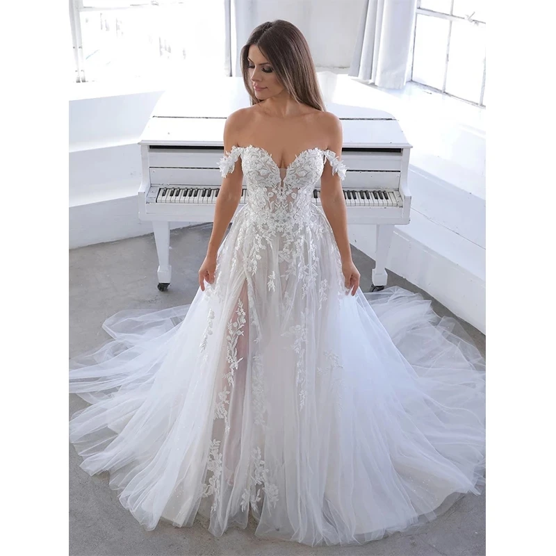 Sibomian Wedding Dresses A-Line Women Sexy Deep V-Neck Tulle Off Shoulder Applique Floor mopping Train Beach Bridal Gowns Party