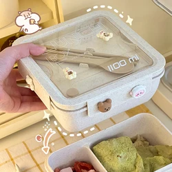 1100ML Lunch Box For Kids School Adults Office Wheat Straw Microwave Picnic Storage Portable Big Bento Box With Spoon Chopsticks