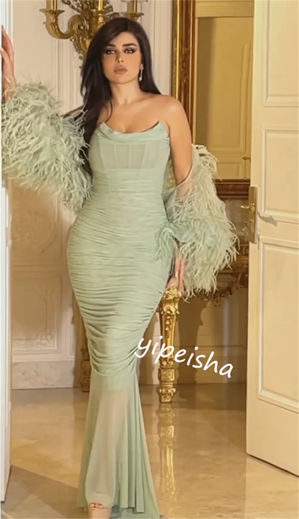 Sera Arabia saudita Chiffon piuma Quinceanera tromba senza spalline abito da occasione su misura abiti lunghi